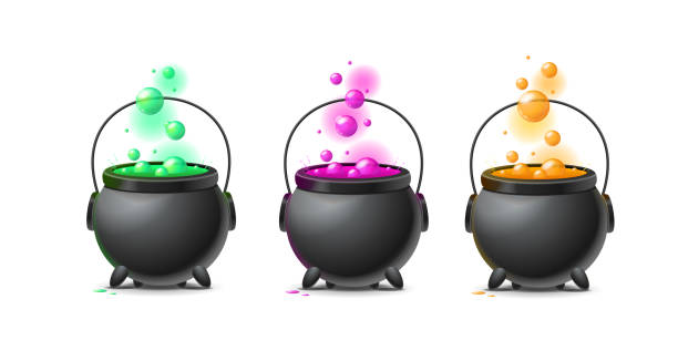 Realistic Detailed 3d Color Witch Cauldron Set. Vector Realistic Detailed 3d Witch Cauldron with Different Color Magical Potion Set Isolated on a White Background. Vector illustration of Witches Pot cauldron stock illustrations