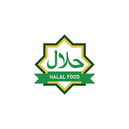 Halal food emblem. Muslim product sign. Special menu. Certificate tag. Vector illustration