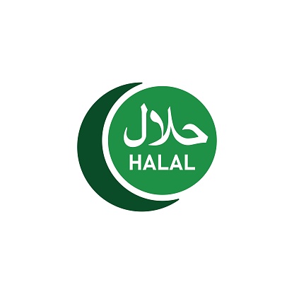 Halal food emblem. Muslim product sign. Special menu. Certificate tag. Vector illustration