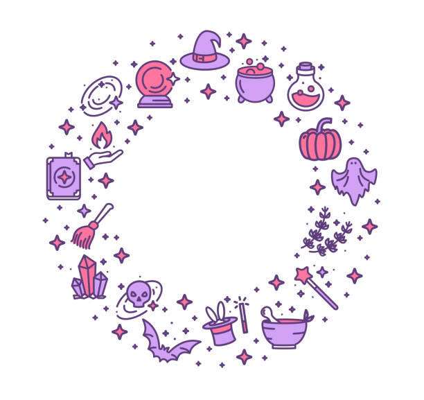 ilustraciones, imágenes clip art, dibujos animados e iconos de stock de magic witch halloween plantilla de diseño de línea delgada concepto de marco de icono. vector - halloween witch frame wizard