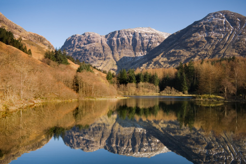 The historic location of Glencoe with its pass tightly squeezed into the glen with the towering mountainson either side of the lochan.