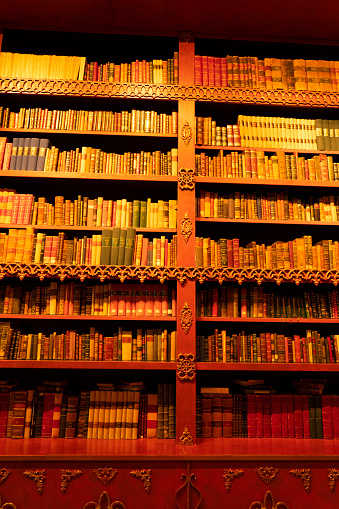 Huge antique bookshelf with many colorful books