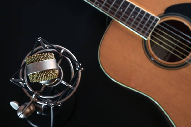 istock Flat lay, music background with acoustic guitar. 1404719767