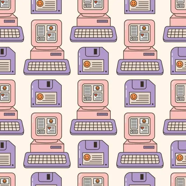 Vector illustration of Seamless vector pattern with cute 80s, 90s electronic devices