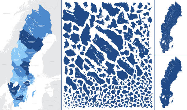 szczegółowa wektorowa niebieska mapa szwecji z podziałem administracyjnym na regiony i gminy kraju - stockholm silhouette sweden city stock illustrations