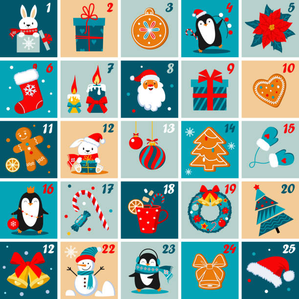 ilustraciones, imágenes clip art, dibujos animados e iconos de stock de calendario de adviento de diciembre. - calendario adviento