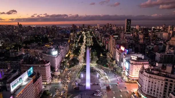 Traffic on a sunset at the obelisk and Avenida 9 de Julio in Buenos Aires - Argentina