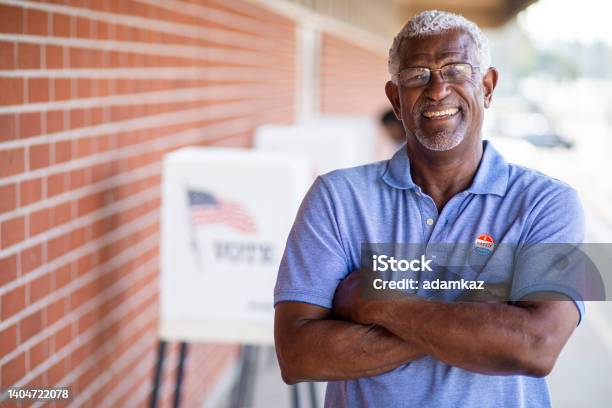 Senior Black Man With I Voted Sticker Stock Photo - Download Image Now - Voting, African-American Ethnicity, I Voted