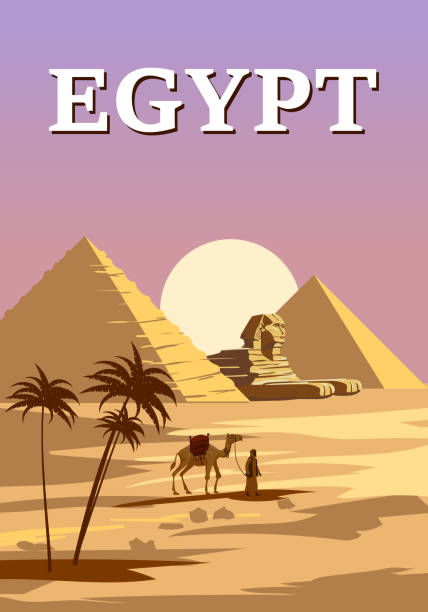 ilustrações de stock, clip art, desenhos animados e ícones de ancient sphinx, egypt pharaoh pyramids vintage poster. travel to egypt country, sahara desert sunset - luxor