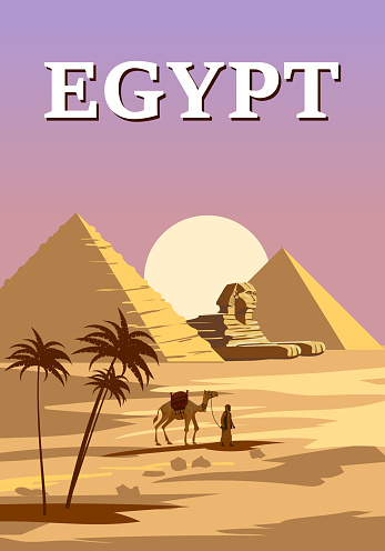 Ancient Sphinx, Egypt Pharaoh Pyramids Vintage Poster. Travel to Egypt Country, Sahara desert sunset landscape, camel with egyptian. Retro card illustration vector isolated