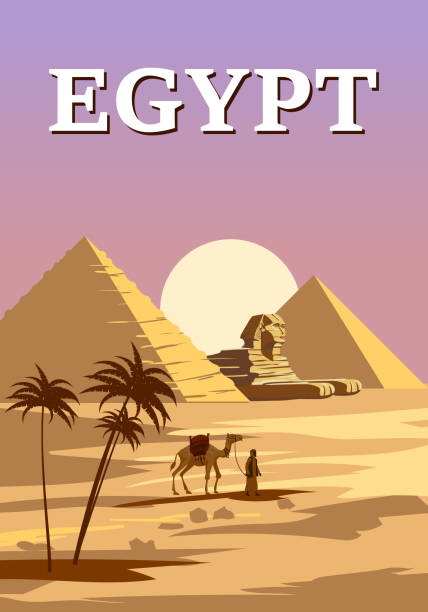 Ancient Sphinx, Egypt Pharaoh Pyramids Vintage Poster. Travel to Egypt Country, Sahara desert sunset Ancient Sphinx, Egypt Pharaoh Pyramids Vintage Poster. Travel to Egypt Country, Sahara desert sunset landscape, camel with egyptian. Retro card illustration vector isolated cairo stock illustrations