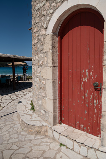 Ancient Windmill Door on Lefkada Island in Greece