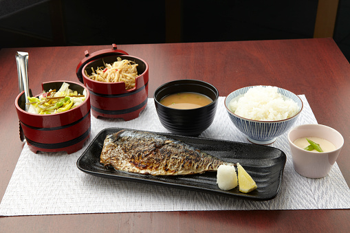 Saba Shio Rice Set served in a dish isolated on wooden table side view of singapore food