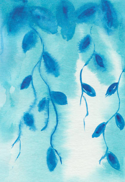 istock Watercolor illustration of hand painted abstract background with blue branches with leaves. Nature in the forest. Early morning landscape abstraction. Spring, summer poster design, interior banner 1404723430