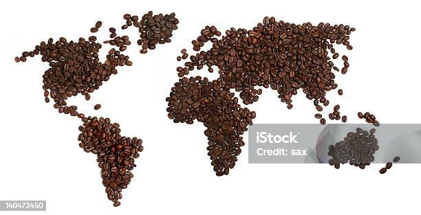 Grãos De Café Mundo - Fotografias de stock e mais imagens de Mapa do Mundo - Mapa do Mundo, Globo terrestre, Grão de café tostado