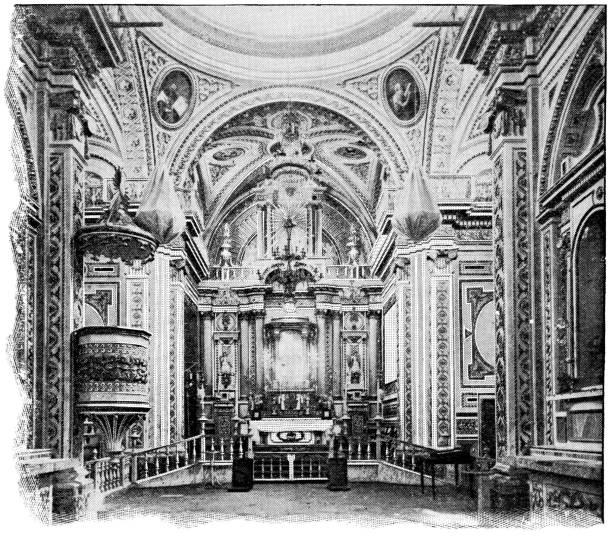церковь богоматери лекарств в чолуле, мексика - 19 век - nave stock illustrations