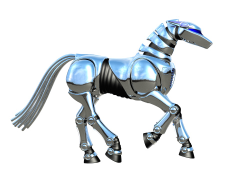 3D render of a chrome robot horse, isolated on white.