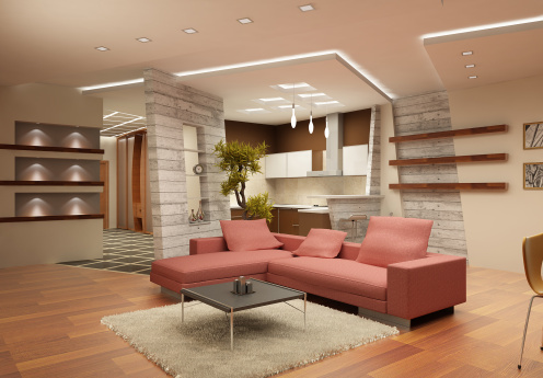 3d rendering. Modern interior of a drawing room in light tones with a kind on kitchen. 