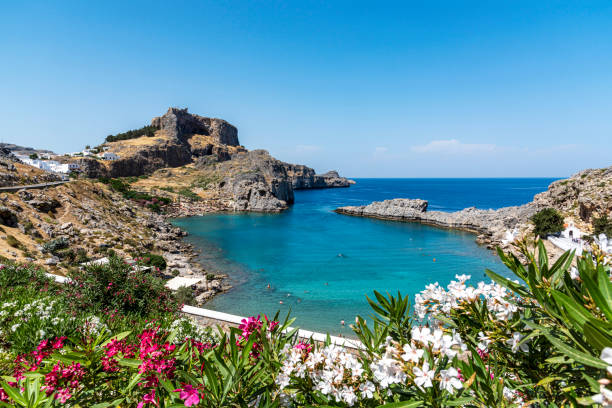 Saint Paul and Paralia Agios Pavlos, the most famous beach of Rhodes stock photo