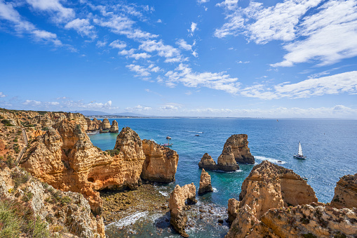 Ponta da Piedade's beautiful rock formations on the famous Algarve Coast in Southern Portugal, Europe.