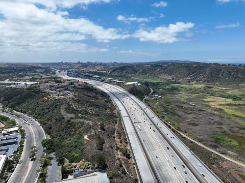 Aerial view of highway interchange and junction, San Diego Freeway interstate 5, California, USA