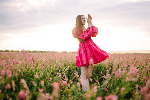 Young  woman in pink dress in the blooming field. Summer landscape. Fashion, style concept.