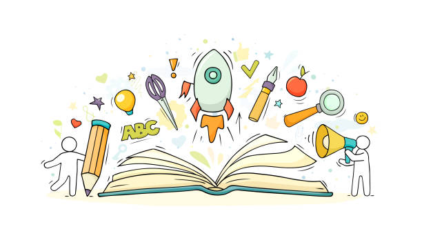 "Back to school" with stationery and launch rocket. Sketch illustration "Back to school" with open book, stationery and launch rocket. Doodle cute banner about education. Hand drawn cartoon vector school design. children reading images stock illustrations