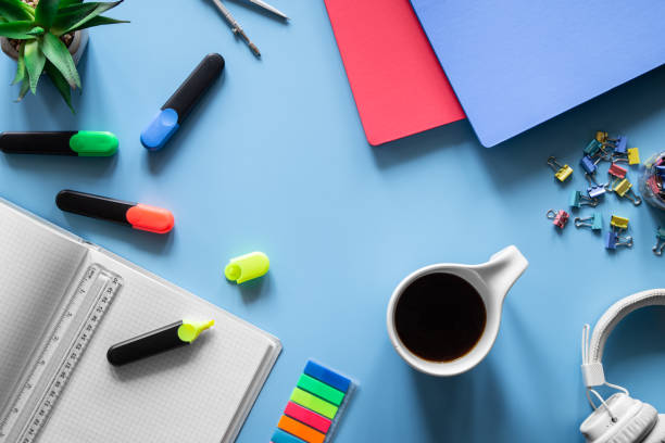 istock Flat lay with stationery items, pupil and student workplace concept. 1404727904