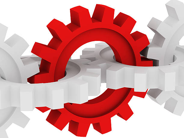 istock A group of serrated links interlocked with one red link 140472887