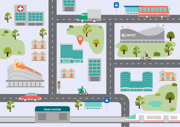 City map with infrastructure, buildings and houses along the road, vector illustration City map with infrastructure, buildings and houses along the road, vector illustration public transportation stock illustrations