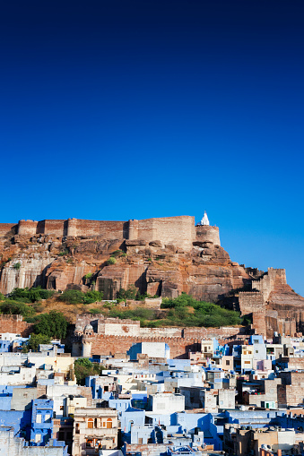 High angle cityscape of “The Blue City” Jodhpur, Rajasthan, India.