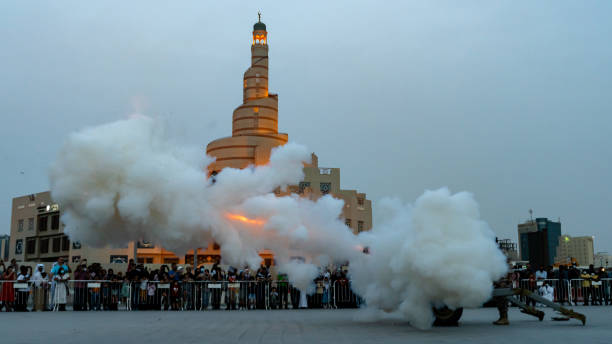 Doha,Qatar- April 04,2022 : Many people watching the historic Iftar Cannon firing during ramadan.