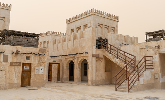 Wakrah, Qatar- January 21,2022 : Old buildings architecture in the Wakrah souq (Traditional Market).