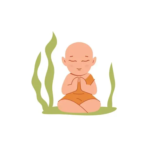 Vector illustration of Little monk character illustration. Buddhist meditation. Vector isolated