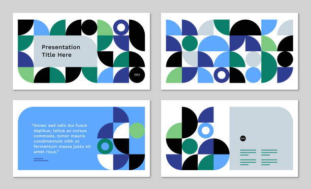 Presentation design layout set with abstract geometric graphics — Clyde System, IpsumCo Series Abstract geometric designs, templates, and backgrounds inspired by mid-century modern style. 16:9 aspect ratio for widescreen digital presentations. Pixel perfect vector artwork created at 1920 x 1080 pixels scales to any size. ppt templates stock illustrations