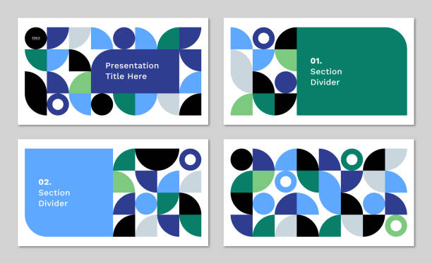 Presentation design layout set with abstract geometric graphics — Clyde System, IpsumCo Series Abstract geometric designs, templates, and backgrounds inspired by mid-century modern style. 16:9 aspect ratio for widescreen digital presentations. Pixel perfect vector artwork created at 1920 x 1080 pixels scales to any size. blue powerpoint template stock illustrations