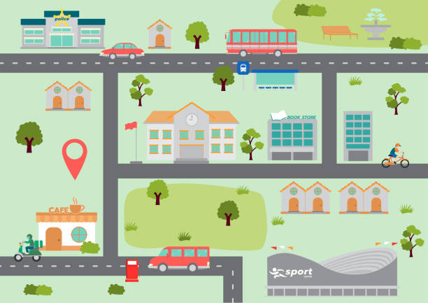 ilustraciones, imágenes clip art, dibujos animados e iconos de stock de mapa de ubicación de la ciudad con carreteras, casas, coches, parques y edificios - villa asentamiento humano
