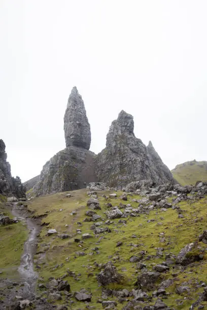 Otherworldly rock pinnacles at the Old Man of Storr on a foggy day on the Isle of Skye in Scotland.