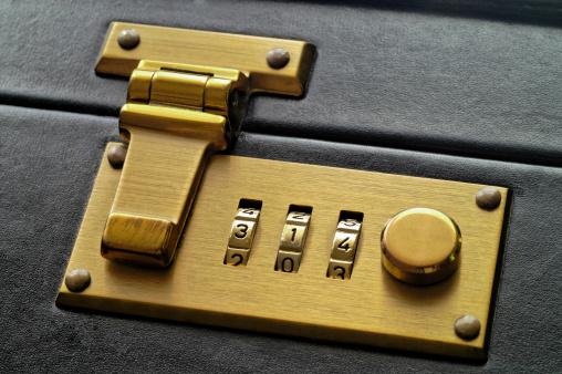 Metal padlock and chain on metal gate.