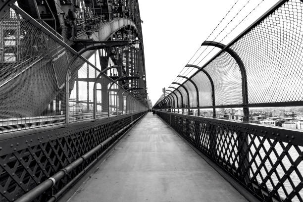 Black and white pedestrian walkway on Sydney harbour Bridge, background with copy space, full frame horizontal composition