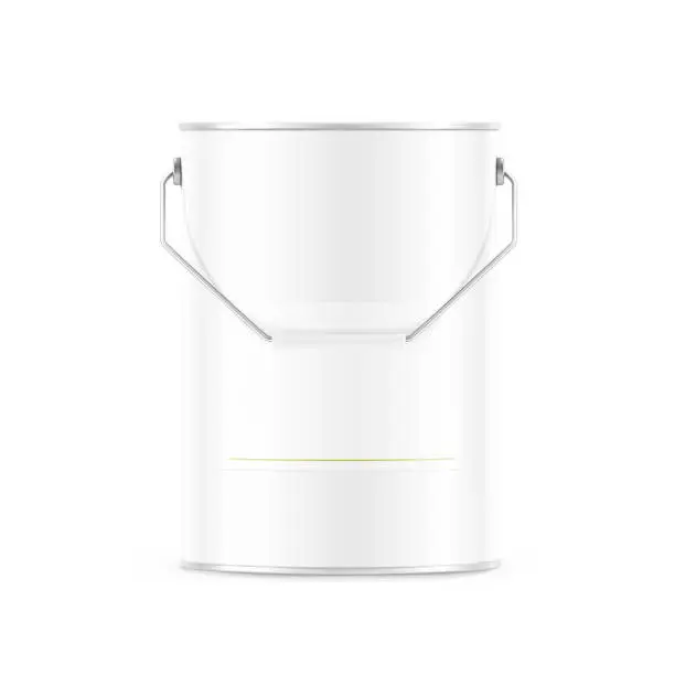 Vector illustration of Realistic metal bucket mockup with a handle and label.