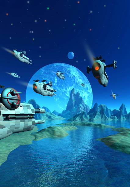 Spaceship's fleet invading an alien planetary system with mountains and water, 3d illustration