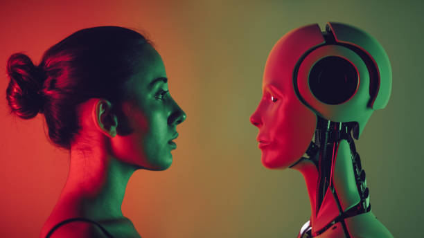 Human Vs Robot Robot and young woman face to face. dystopia concept photos stock pictures, royalty-free photos & images