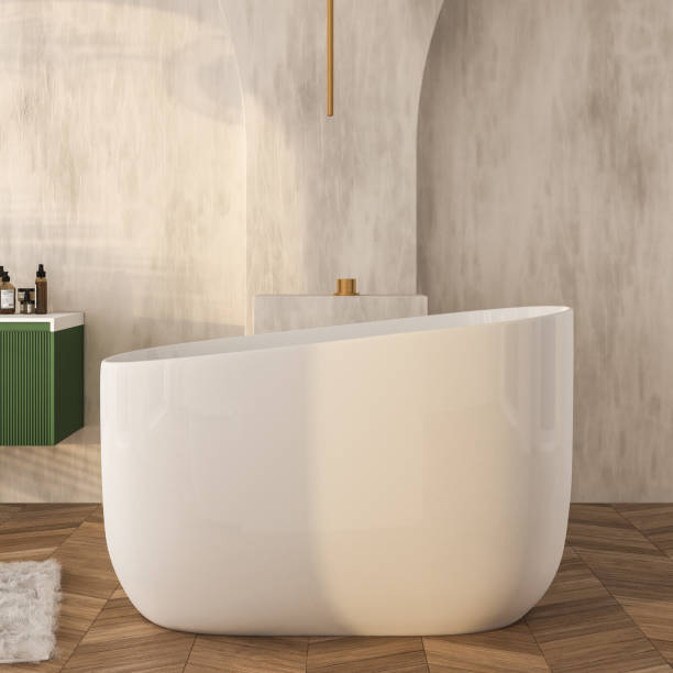istock Front view of a bathroom interior with a white bathtub 1404749775