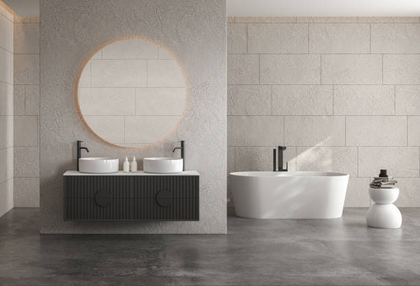 istock Minimalist bathroom with stone walls, 1404749820