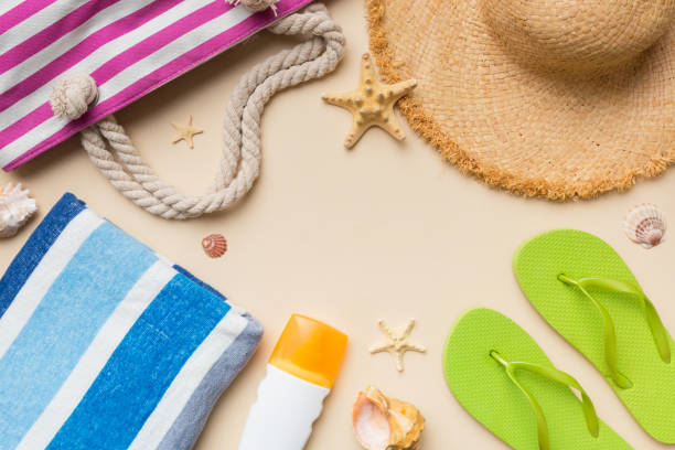 istock Summer vacation concept flat lay. straw hat beach accessories and towel top view. Space for text. travel concept 1404753377