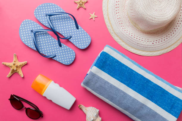 istock Summer vacation concept flat lay. beach accessories and towel top view. Space for text. travel concept 1404753381
