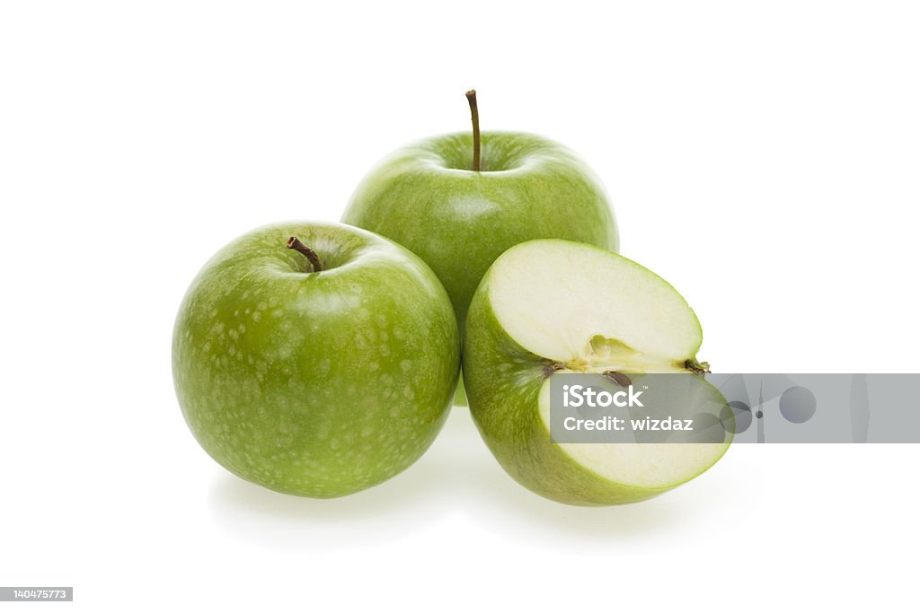 Apples Three tasty green apples isolated on white background. Apple - Fruit Stock Photo