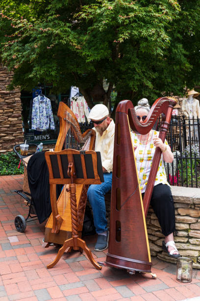A young woman is playing the harp in the historic center of Lyon in the Saint-Jean district in France