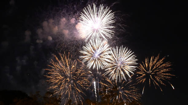 Golden Firework celebrate anniversary happy new year 2023, 4th of july holiday festival. Gold firework in the night time celebrate national holiday. Countdown to new year 2022 gold party time event stock photo